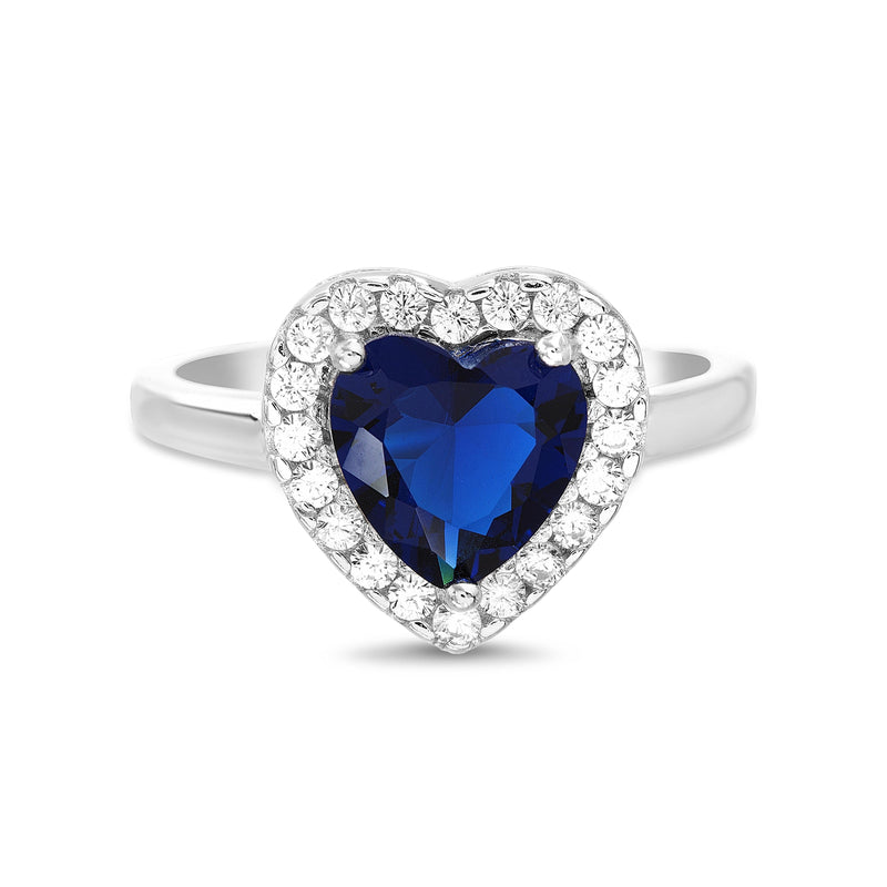 Silver Sapphire Heart with CZ Halo Ring