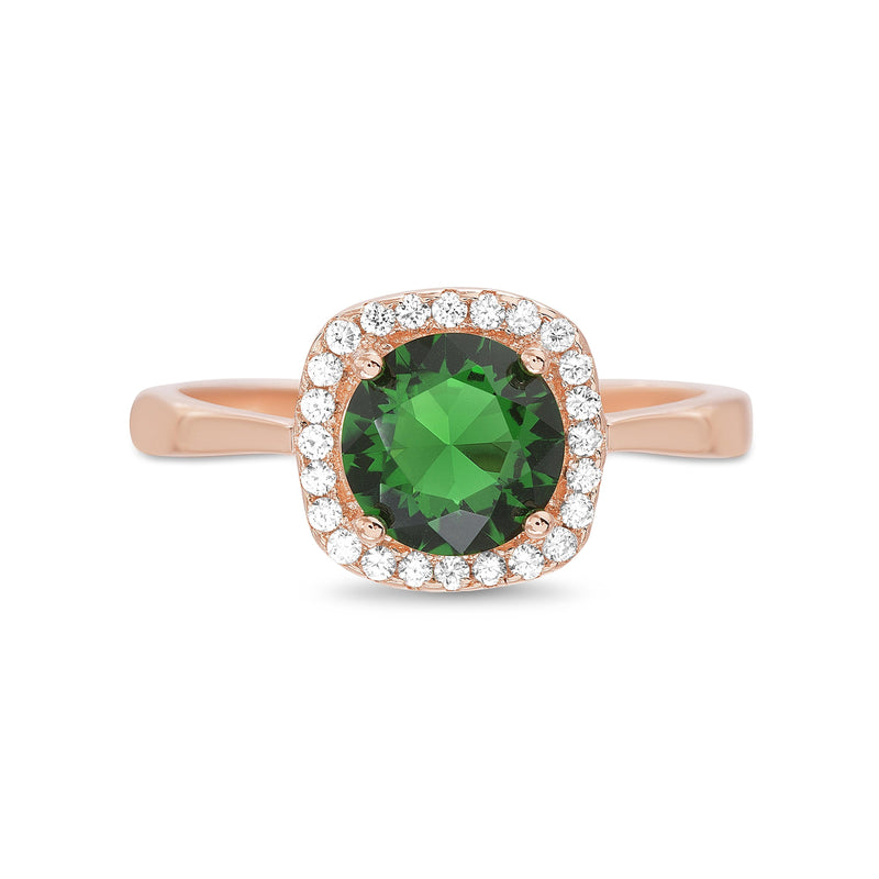 Silver Emerald Round with CZ Halo Square Border Ring