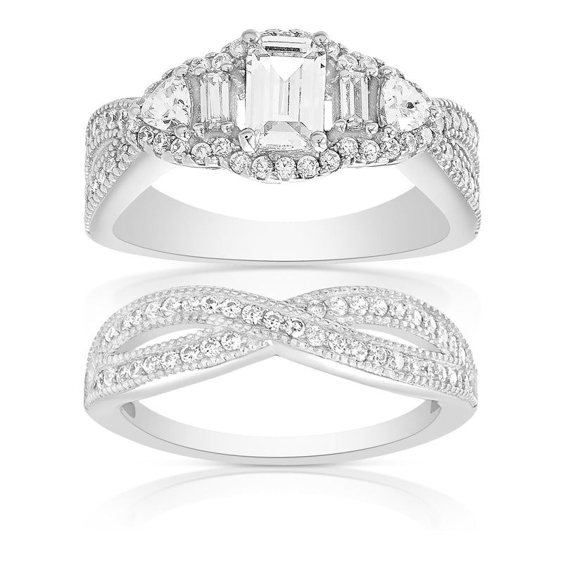 Silver CZ Wavy Design Ring Set