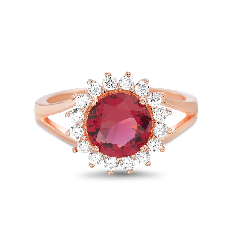 Silver Ruby Round with CZ Halo Floral Design Ring