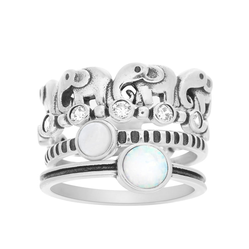 Xsilver Opal-CZ Stackable Ring Set