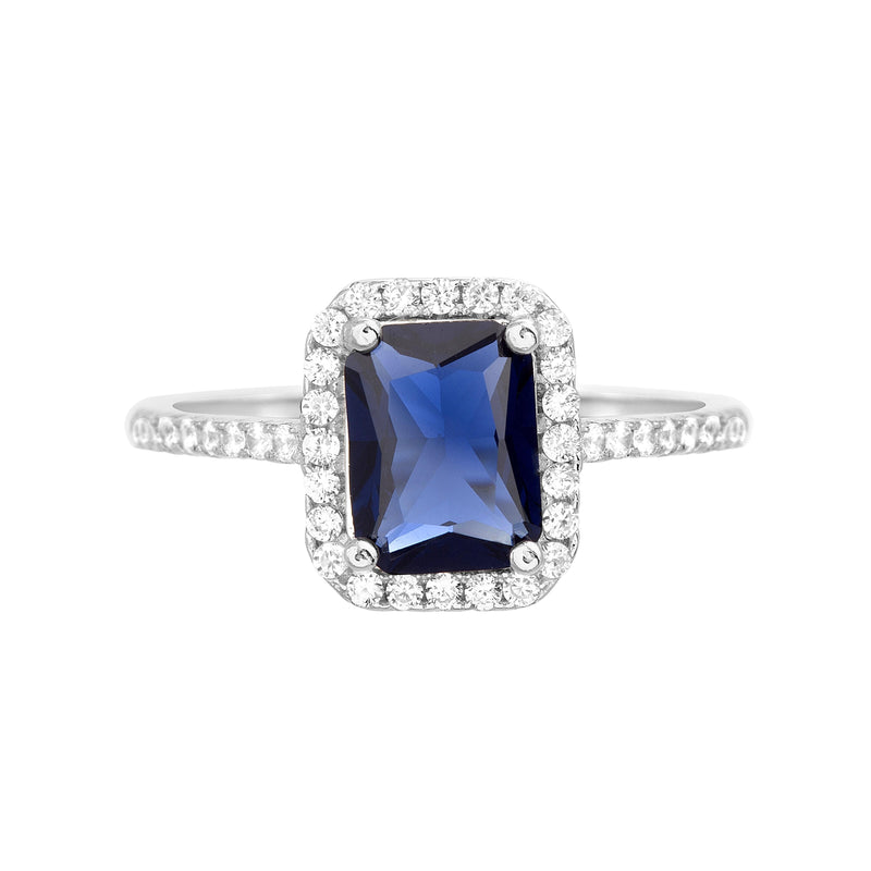 Sterling Silver Emerald Cut Sapphire with CZ Border Ring