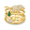 Sterling Silver CZ Elephant, CZ Green Teardrop, Round, CroSterling Silver and Diamond 5 Piece Stackable Ring Set