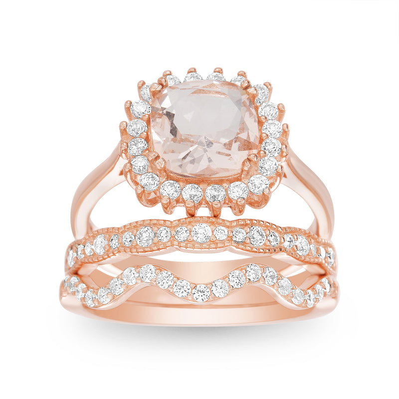 Rose Morganite and Clear CZ Border Wavy Design Trio Ring Set