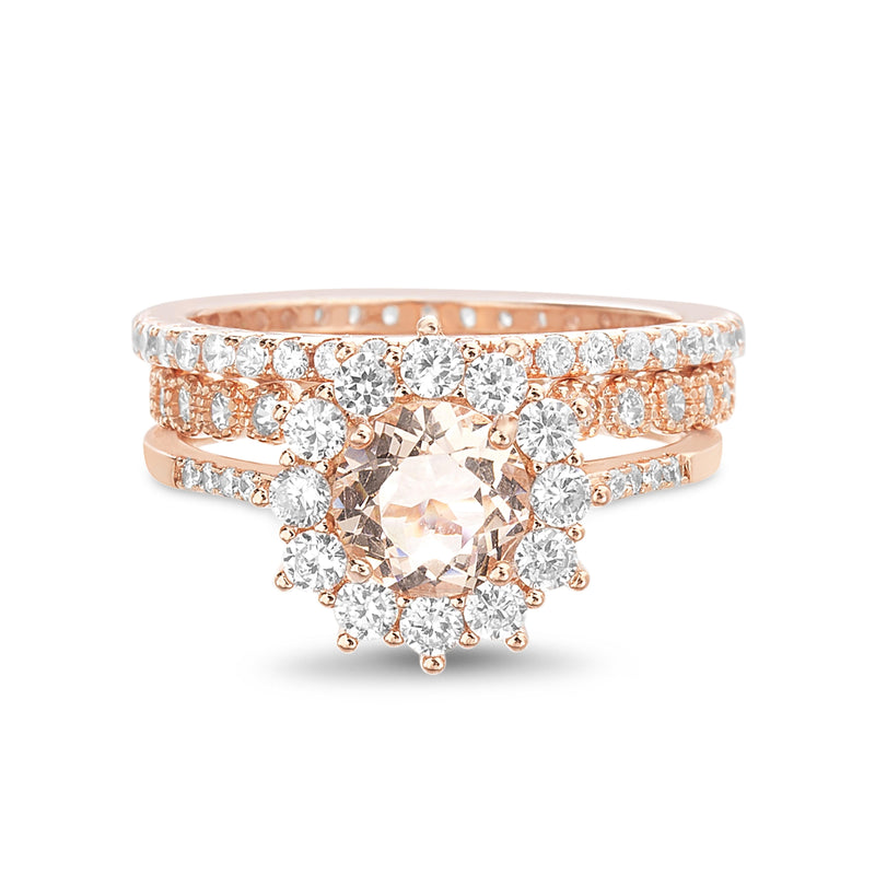 Rose Morganite and Clear CZ Border Floral Design Trio Ring Set