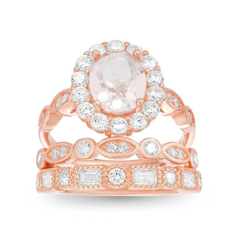 Rose Oval Morganite and Clear CZ Border Design Trio Ring Set