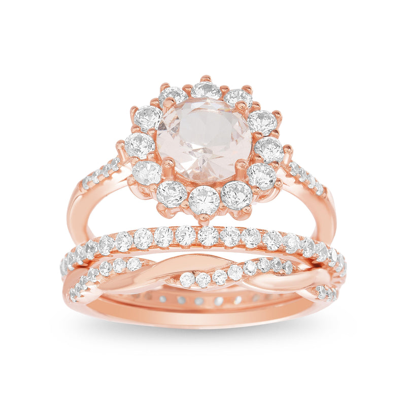 Rose Trio Round Morganite and Clear CZ Halo andTwisted Band Design Trio Ring Set