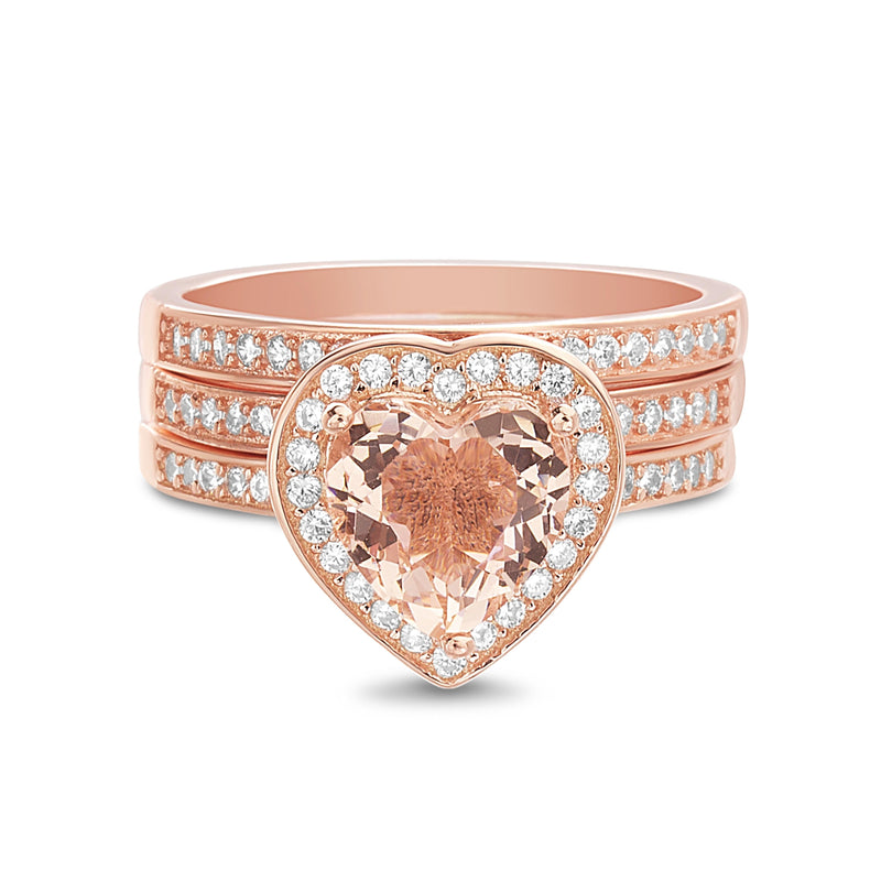 Sterling Silver Heart Cut Morganite CZ Trio Stackable Ring Set