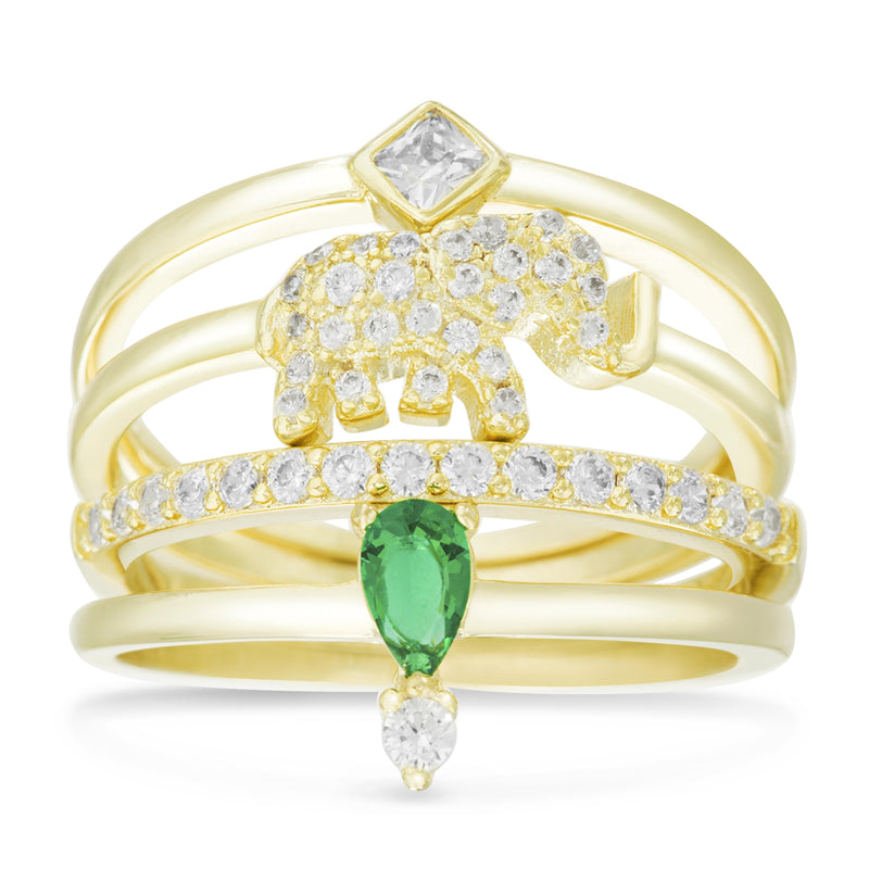 Gold CZ Elephant, CZ Band, CZ Diamond And CZ With CZ Green Teardrop 4 Piece Stackable Ring Set