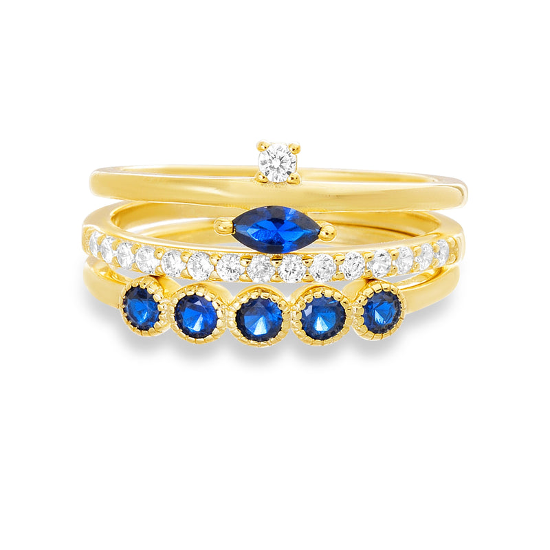 Gold CZ Sapphire 5 Round, CZ Sapphire Oval With CZ Round And CZ Band Trio Stackable Ring Set