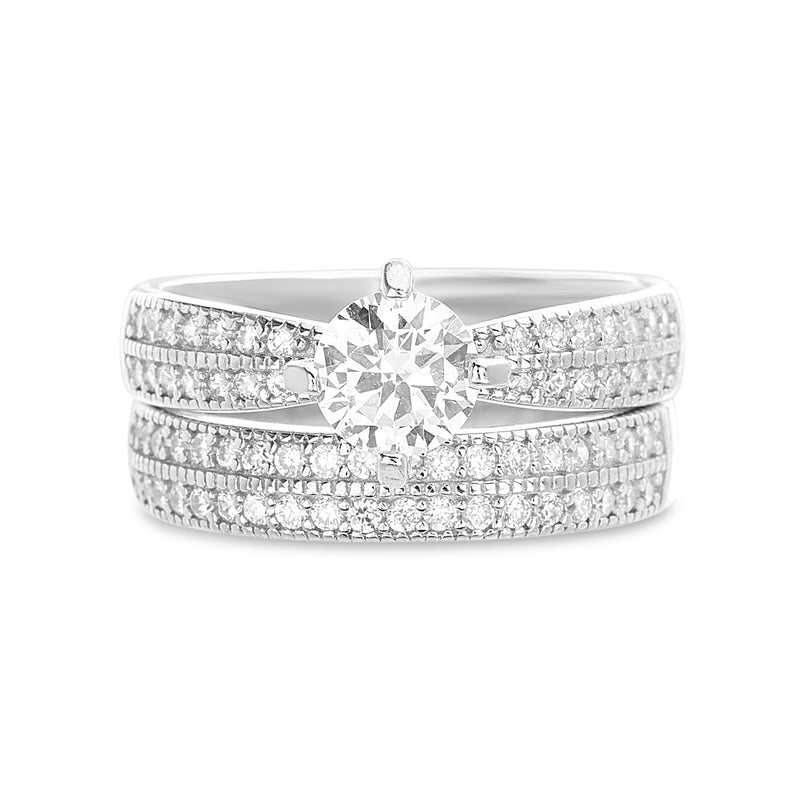 Silver Solitaire Prong CZ Two Row Engagement Ring Set