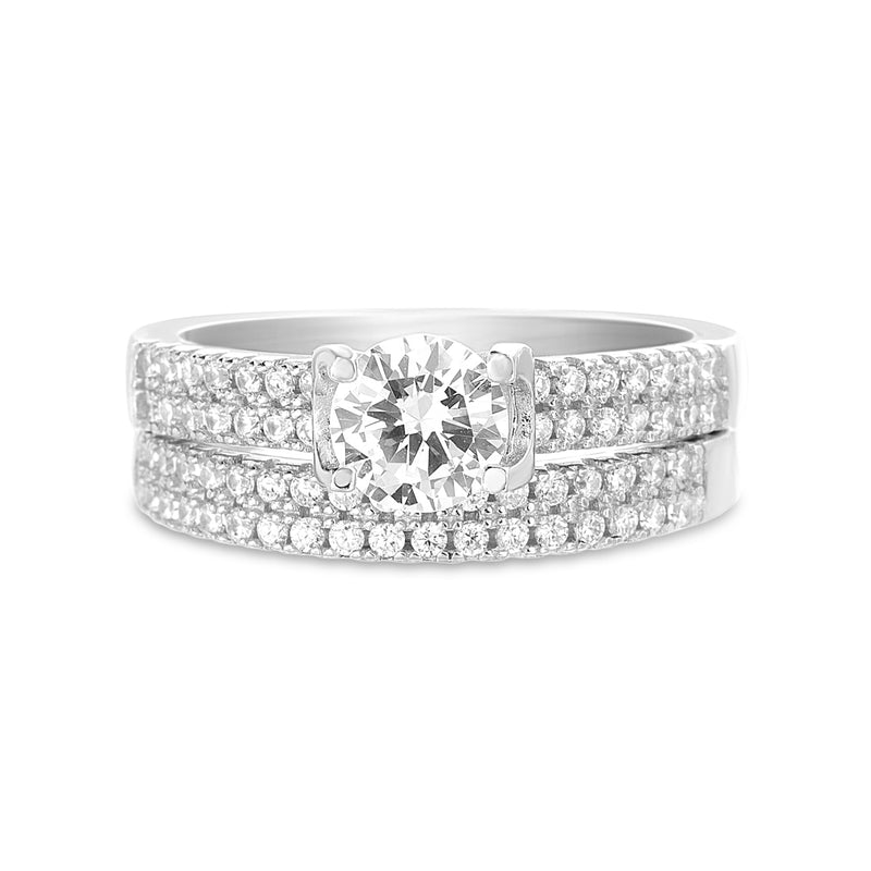 Silver Solitaire Prong CZ Two Row Engagement Ring Set