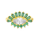 Silver CZ Oval Center with Green CZ Baguette and Round Flower Design Ring