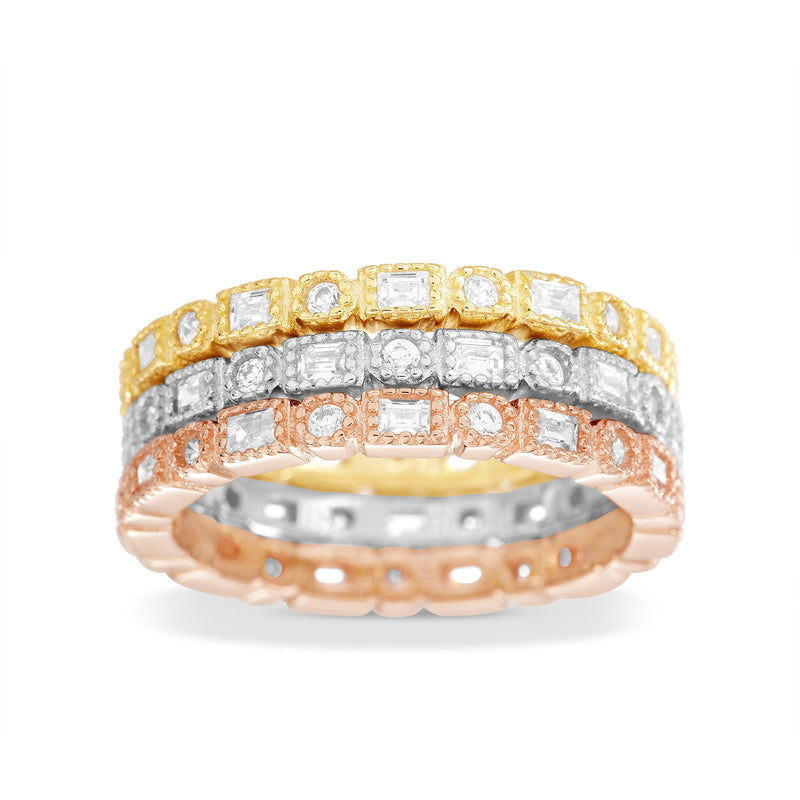 Silver Tri Colored CZ Emerald Cut and Round Band Stackable Trio Ring Set