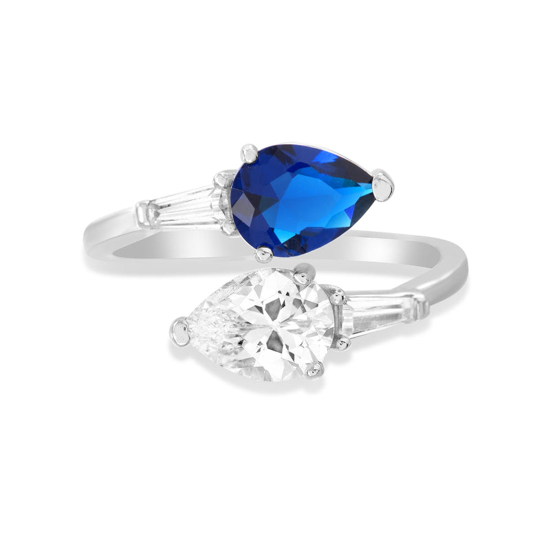 Silver Multicolored CZ Sapphire and White Teardrop BypaSterling Silver Ring