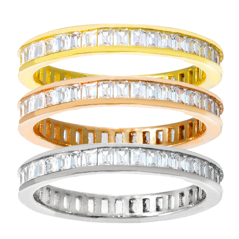 Tri CZ Baguette Eternity Ring Set