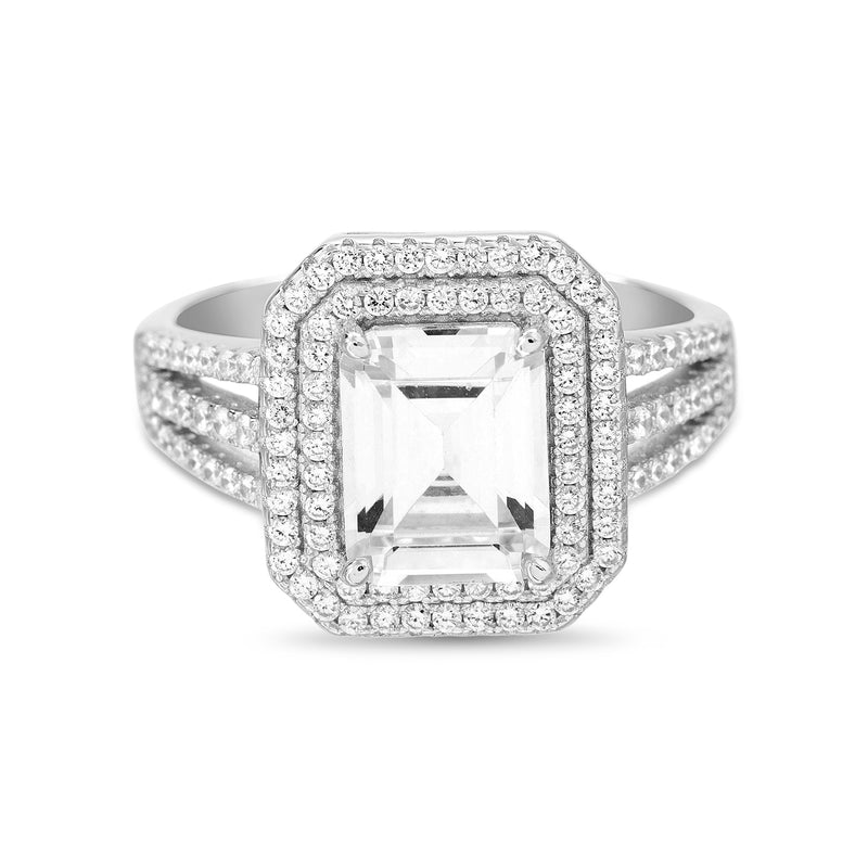 Sterling Silver Emerald Cut CZ and Halo Ring
