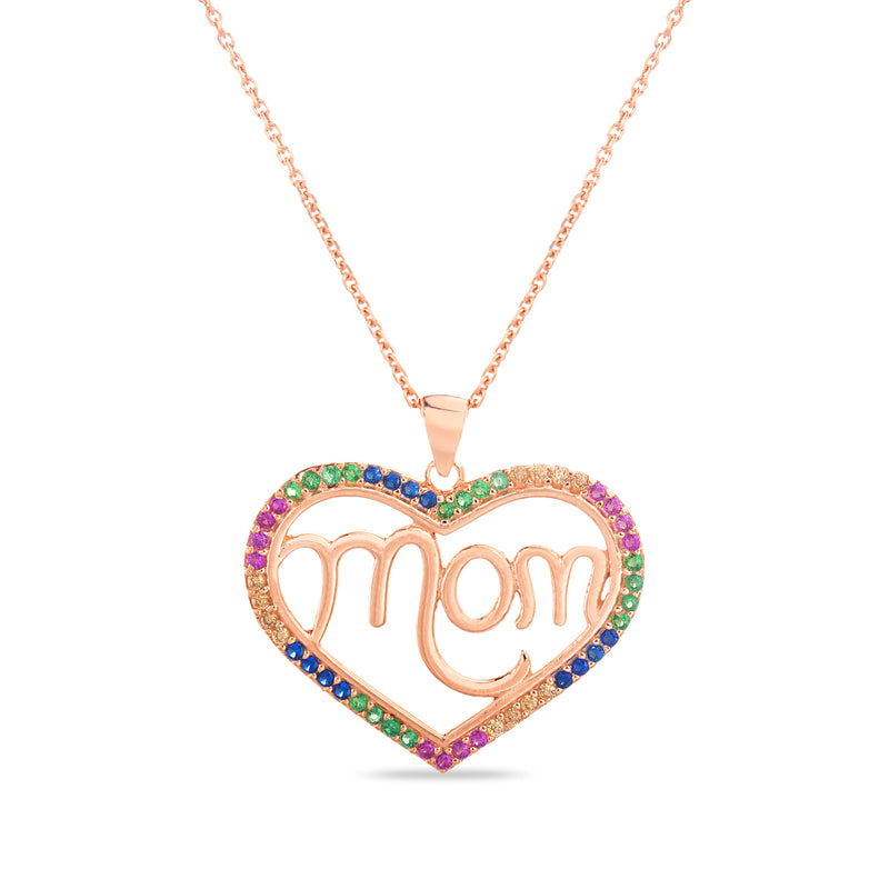 Rose Multi Color CZ "Mom" Heart Necklace