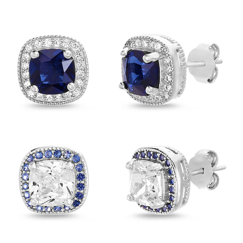 Sterling Silver Cushion CZ and Sapphire Halo Duo
Earring Set