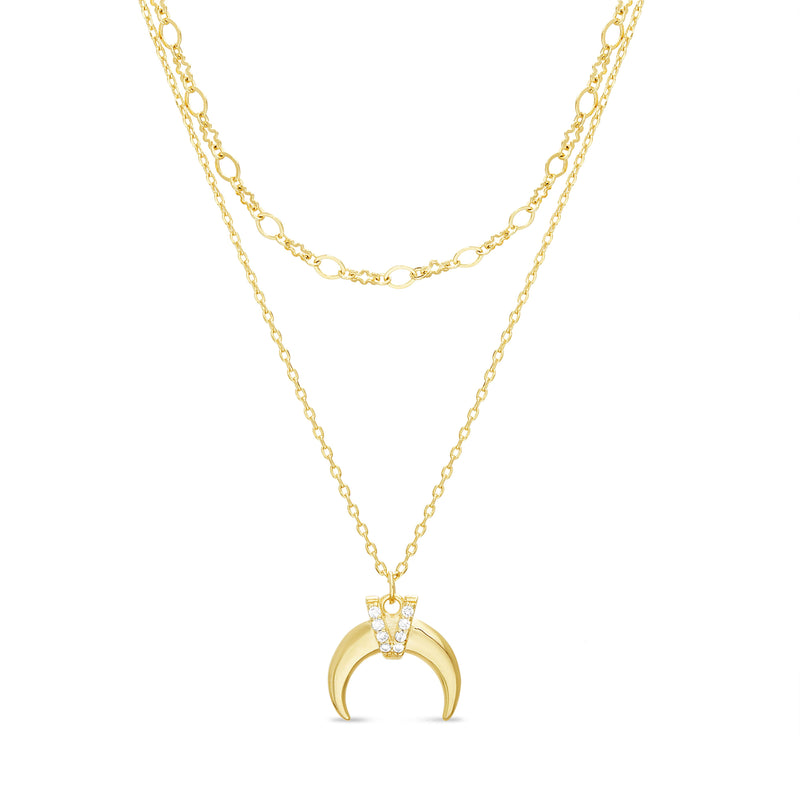 Gold CZ Curved Horn Double Layer Necklace