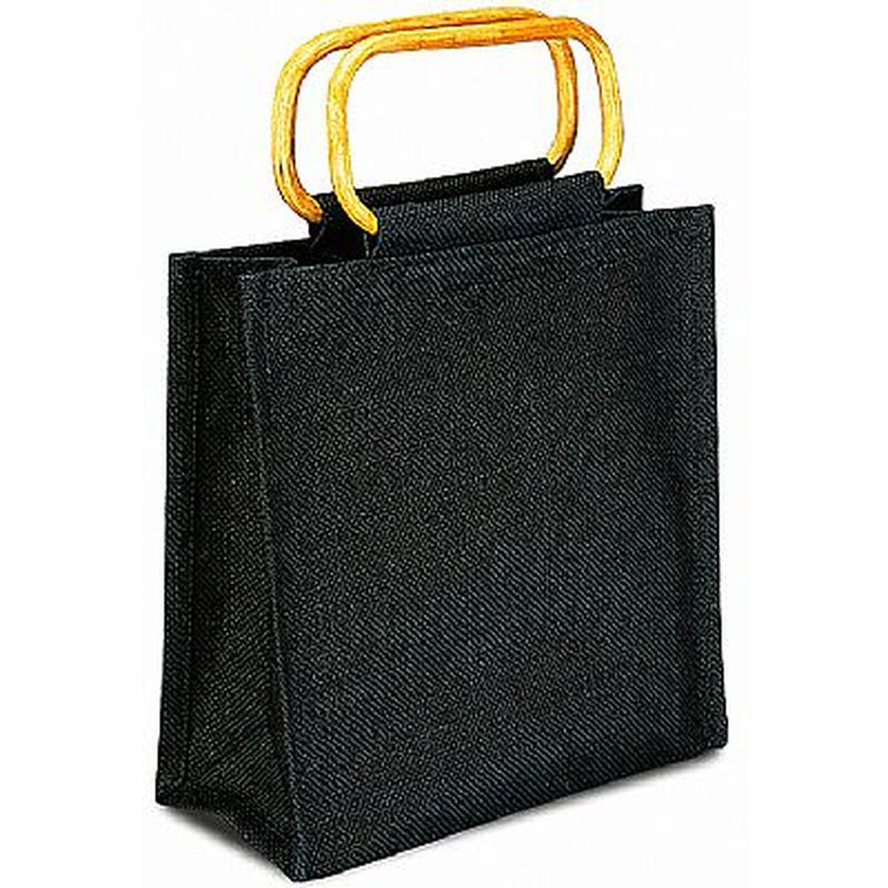 Black Jute Tote Bag with Bamboo Cane Handle