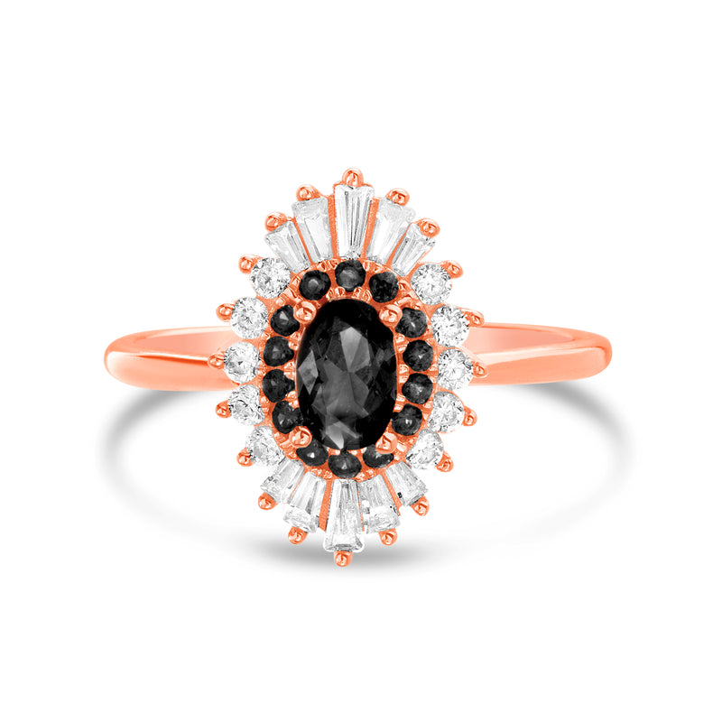 Rose Round Black and Clear CZ Border Flower Design Ring