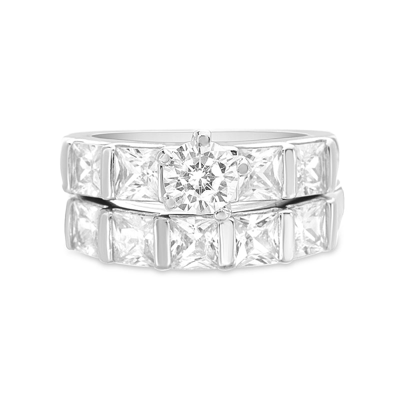 Sterling Silver Rh CZ Engagement Ring Set