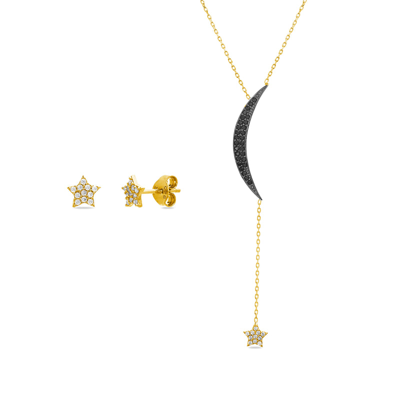 Gold Multi Color CZ Crescent and Drop Star
Necklace with Star Earring Set
