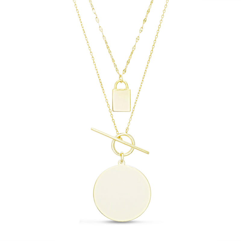 Gold Disc-Lock Toggle-Kiss Chain Double
Layered Necklace