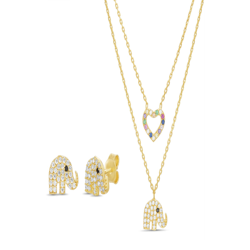 Gold Multicolor CZ Heart-Elephant 2X
Layer Necklace and Earring Set