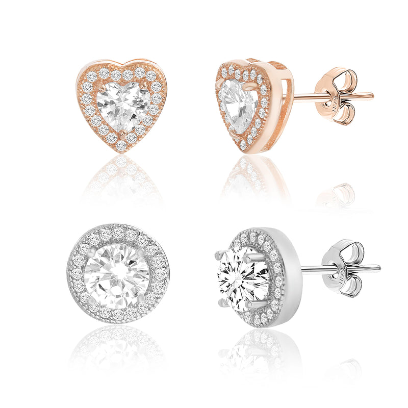 Silver 2 Tone White Sapphire Heart CZ Halo
and White Sapphire Round with CZ Halo Duo Post
Earring Set