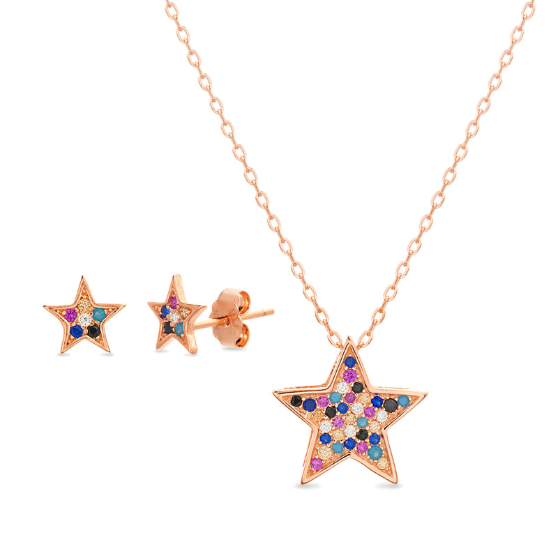 Silver Multicolored Rainbow CZ Star Station
Cable Chain Necklace and Earring Set