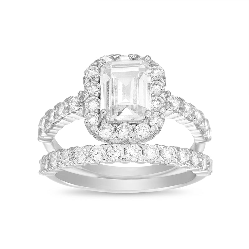 Silver CZ Emerald Cut with CZ Round Halo and CZ
Round Band Engagement and Wedding Band Ring
Set
