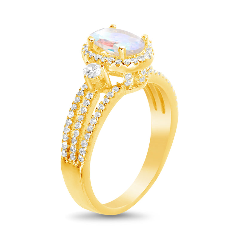 Gold Aurore Boreale CZ Oval with Halo Split
Shank Ring