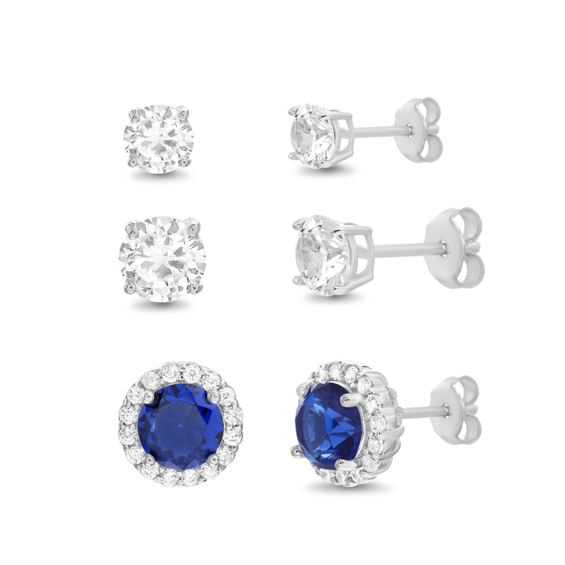Silver Sapphire Halo and 2 Sapphire with Prong Trio
Earring Set